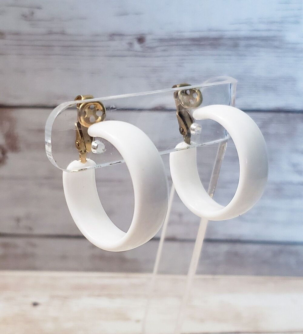Vintage Clip On Earrings - Retro White Hoops 1 & 1/8"